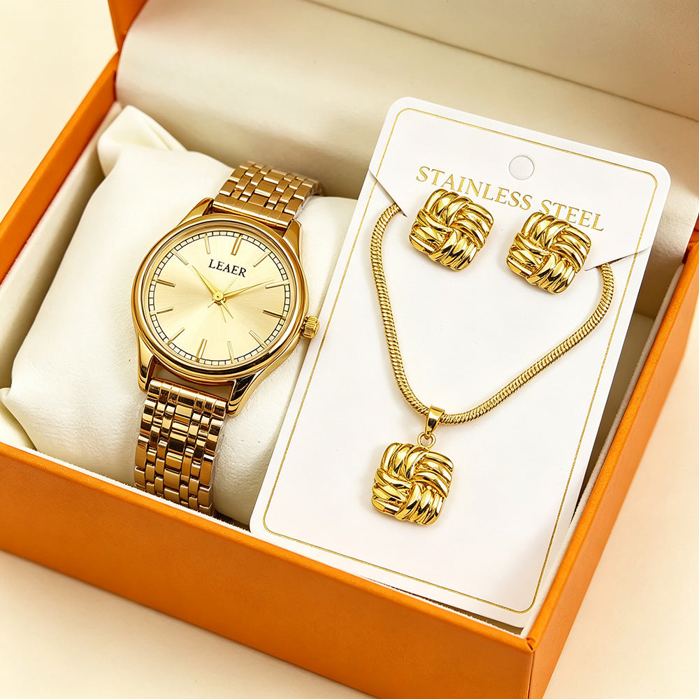 Women's Quartz Watch Jewelry Set With Round Dial, Alloy Strap, Double Side Snap Buckle, And Ordinary Glass Mirror