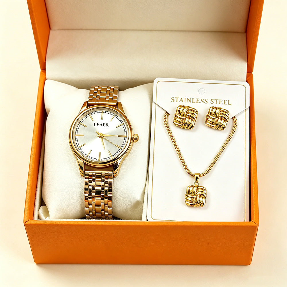 Women's Quartz Watch Jewelry Set With Round Dial, Alloy Strap, Double Side Snap Buckle, And Ordinary Glass Mirror