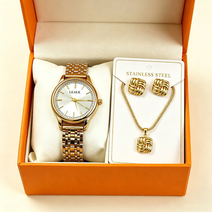Women's Quartz Watch Jewelry Set With Round Dial, Alloy Strap, Double Side Snap Buckle, And Ordinary Glass Mirror