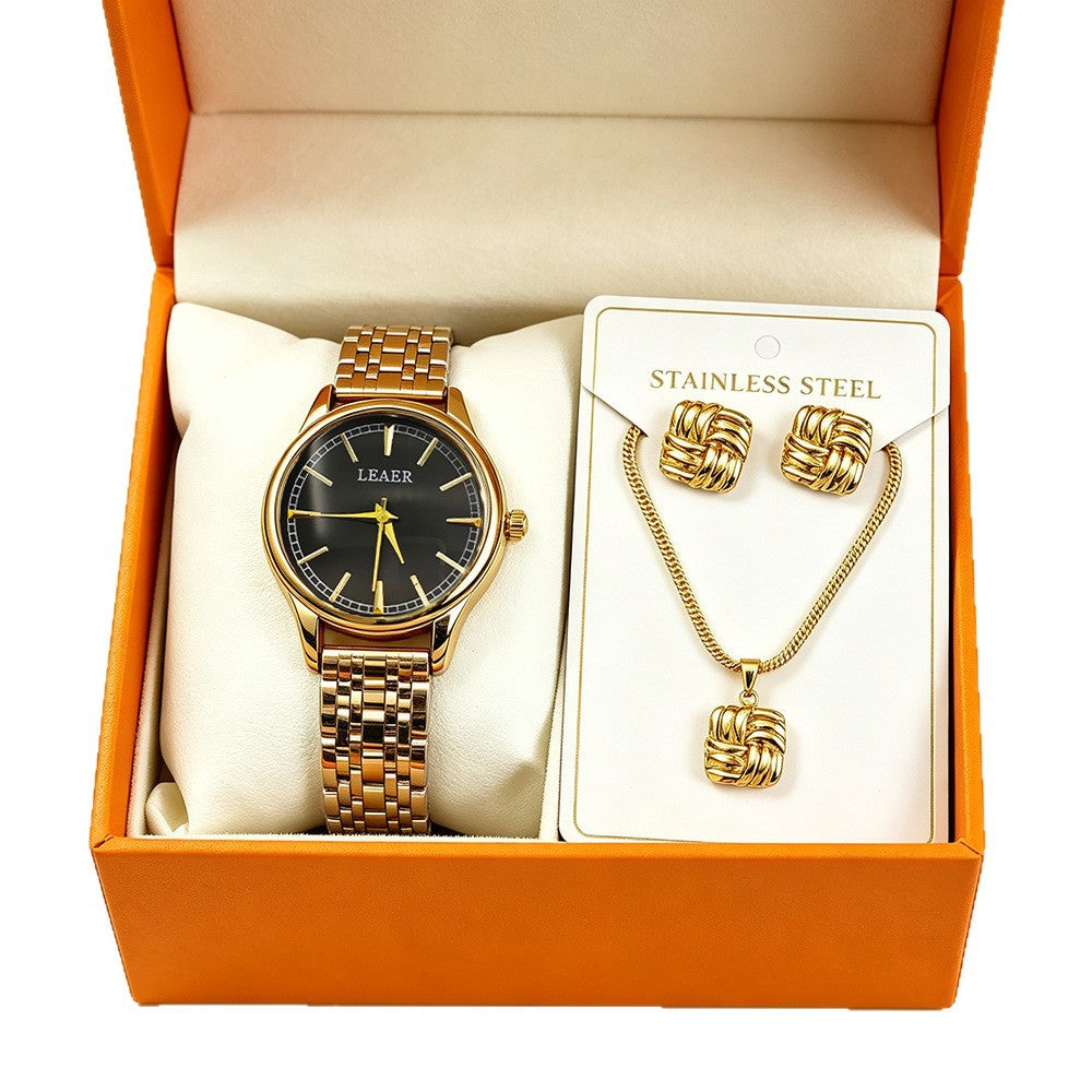 Women's Quartz Watch Jewelry Set With Round Dial, Alloy Strap, Double Side Snap Buckle, And Ordinary Glass Mirror