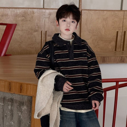 Boy's Red Stripe Acrylic Sleeveless Pullover Sweater With Lapel Collar For Children