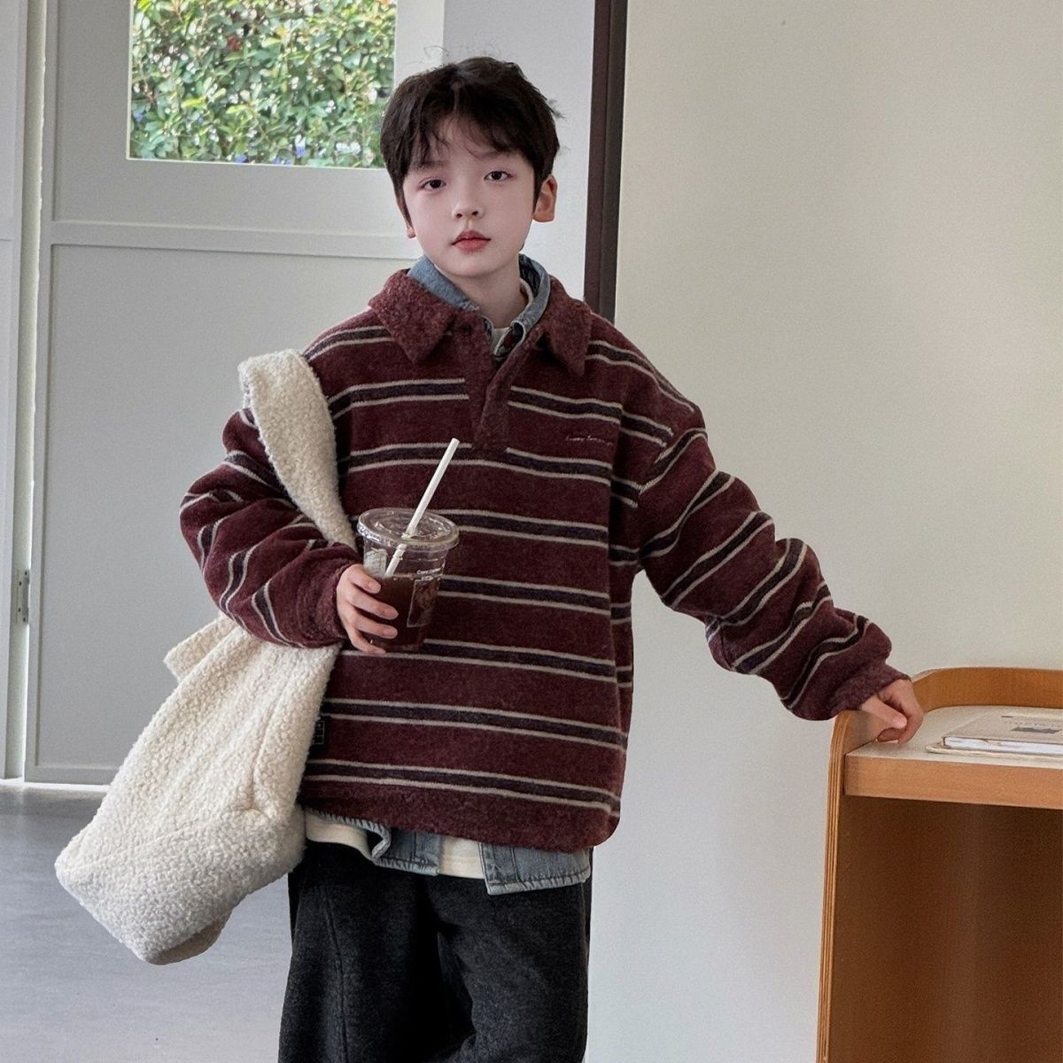 Boy's Red Stripe Acrylic Sleeveless Pullover Sweater With Lapel Collar For Children