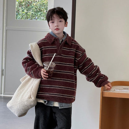 Boy's Red Stripe Acrylic Sleeveless Pullover Sweater With Lapel Collar For Children