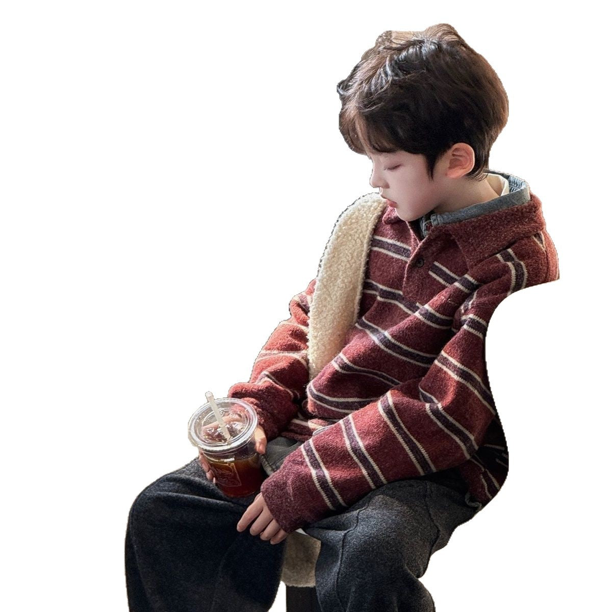 Boy's Red Stripe Acrylic Sleeveless Pullover Sweater With Lapel Collar For Children