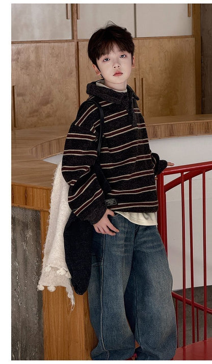 Boy's Red Stripe Acrylic Sleeveless Pullover Sweater With Lapel Collar For Children