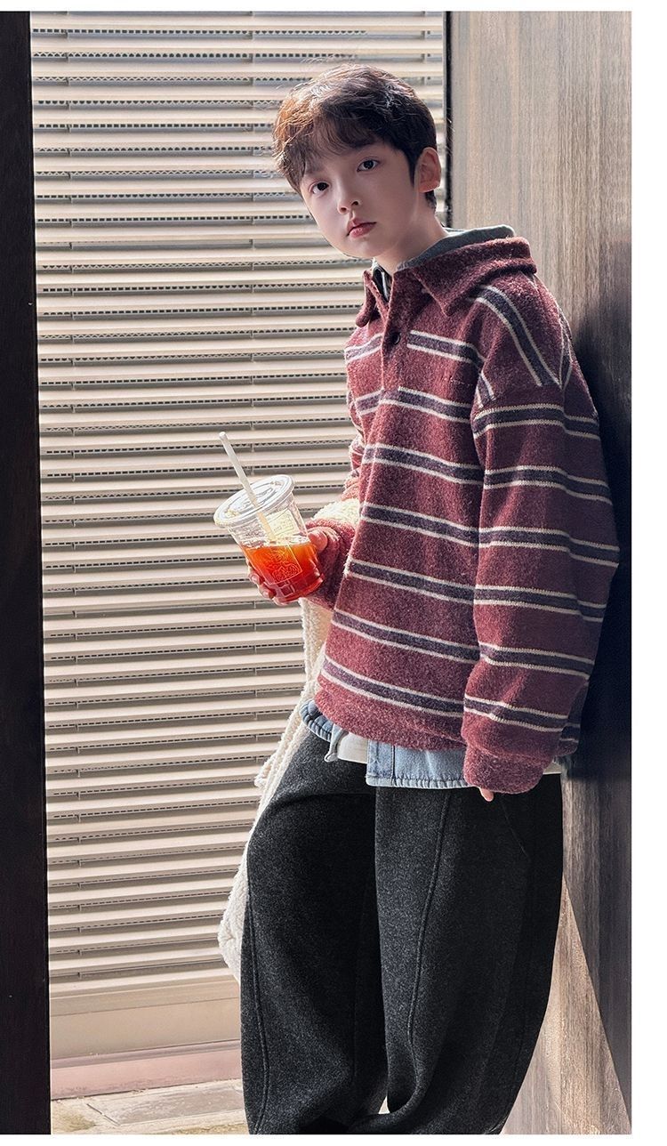 Boy's Red Stripe Acrylic Sleeveless Pullover Sweater With Lapel Collar For Children