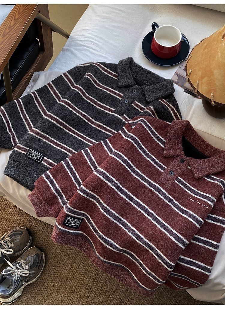 Boy's Red Stripe Acrylic Sleeveless Pullover Sweater With Lapel Collar For Children