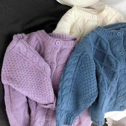 Cute Solid Color Children's Sweater In Purple Featuring Knitted Polyester Fabric With A Loose Fit