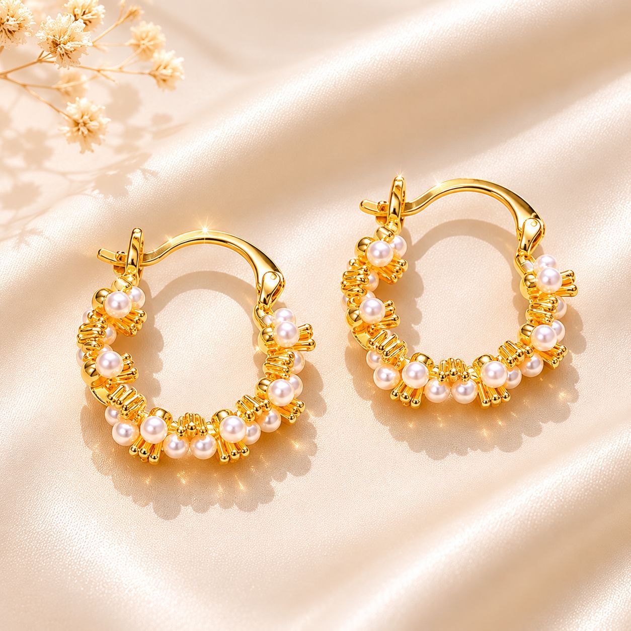 Round Hoop Earrings For Women Featuring Electroplated Craftsmanship With Retro Style And Imitation Pearl Inlay