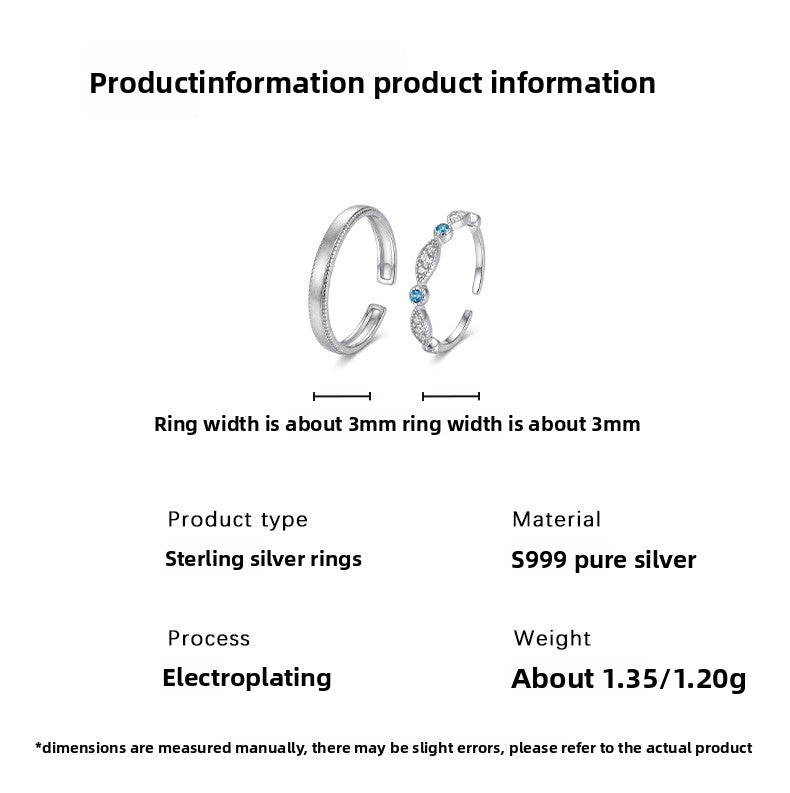 Geometric Brushed Open Rings For Couples In S999 Silver With Platinum Plated Electroplated Finish And Zircon Inlay