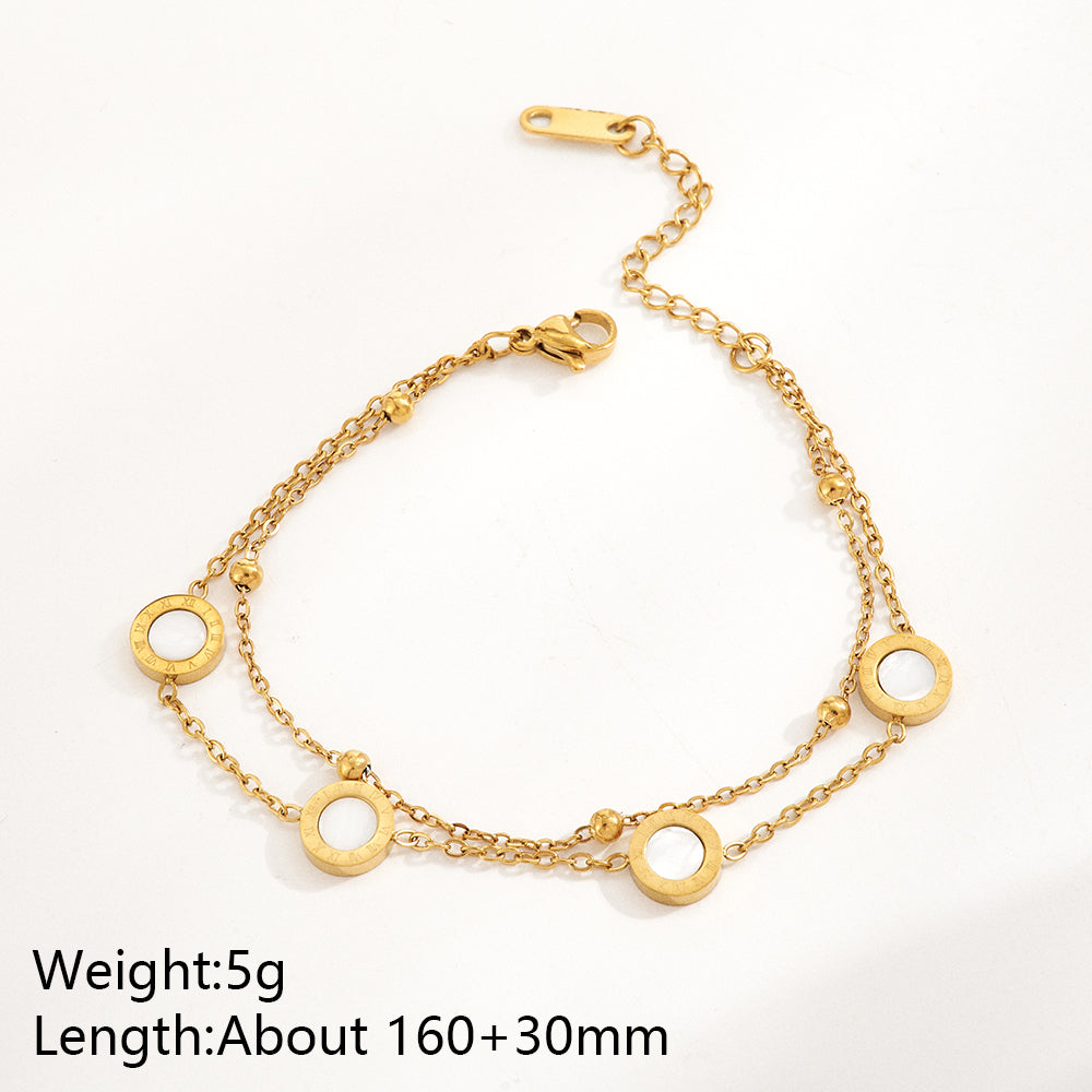 Round Multi Charms Unisex Bracelet, Electroplated 304 Stainless Steel With 18K Gold Plated PVD And Shell Inlay