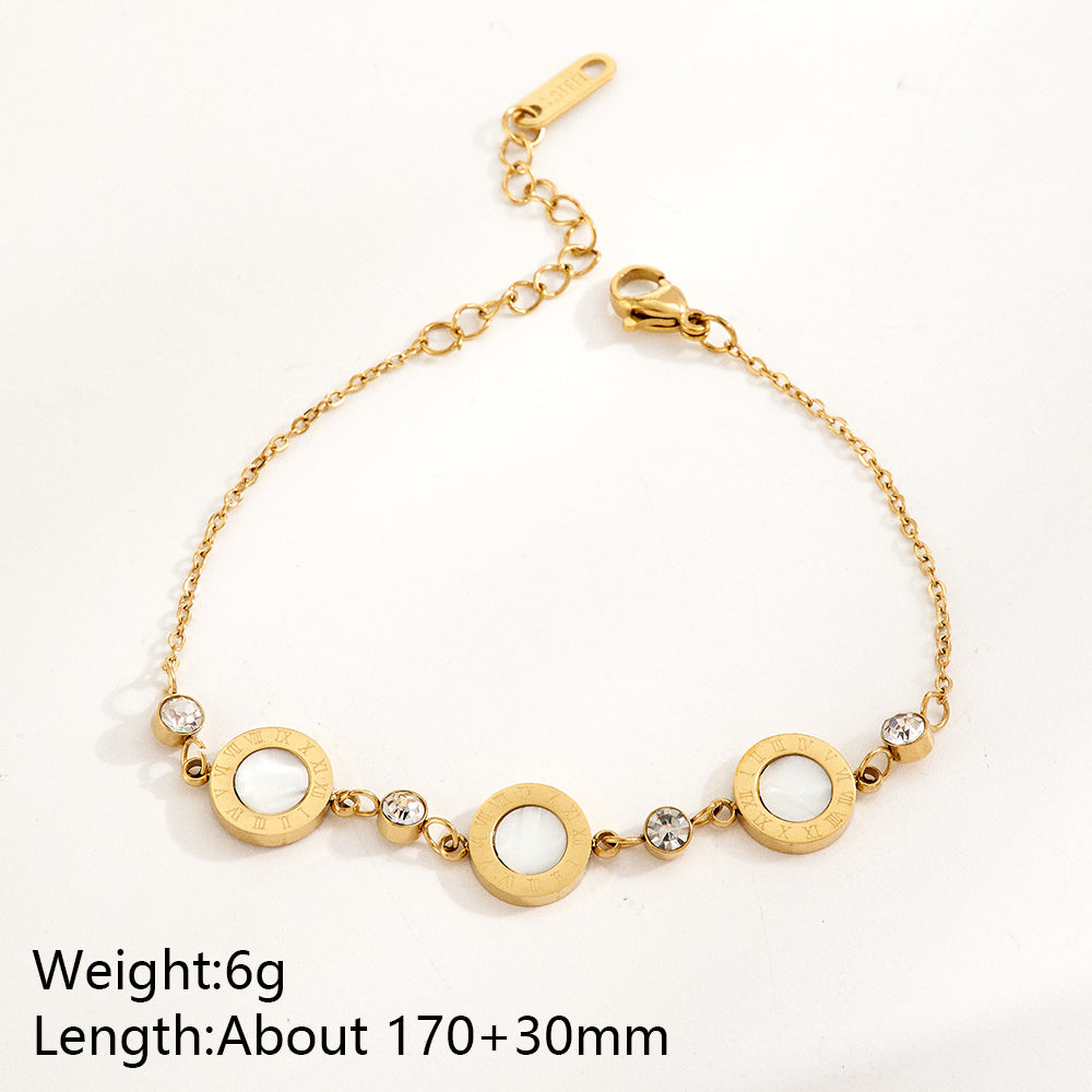 Round Multi Charms Unisex Bracelet, Electroplated 304 Stainless Steel With 18K Gold Plated PVD And Shell Inlay