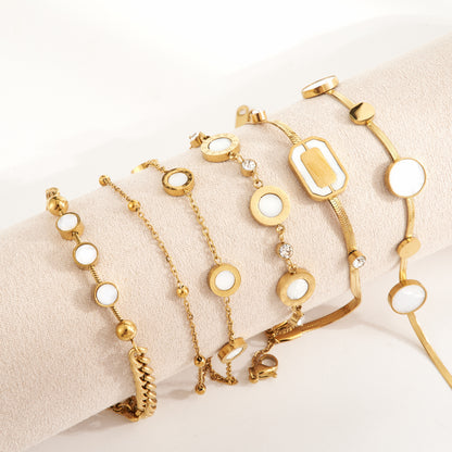 Round Multi Charms Unisex Bracelet, Electroplated 304 Stainless Steel With 18K Gold Plated PVD And Shell Inlay