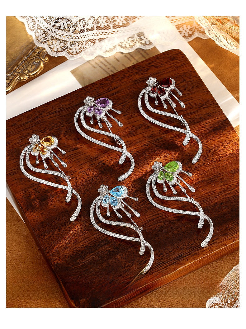 Baroque Style 925 Sterling Silver Pin For Women With Natural Stone Inlay And Tassel Craftsmanship