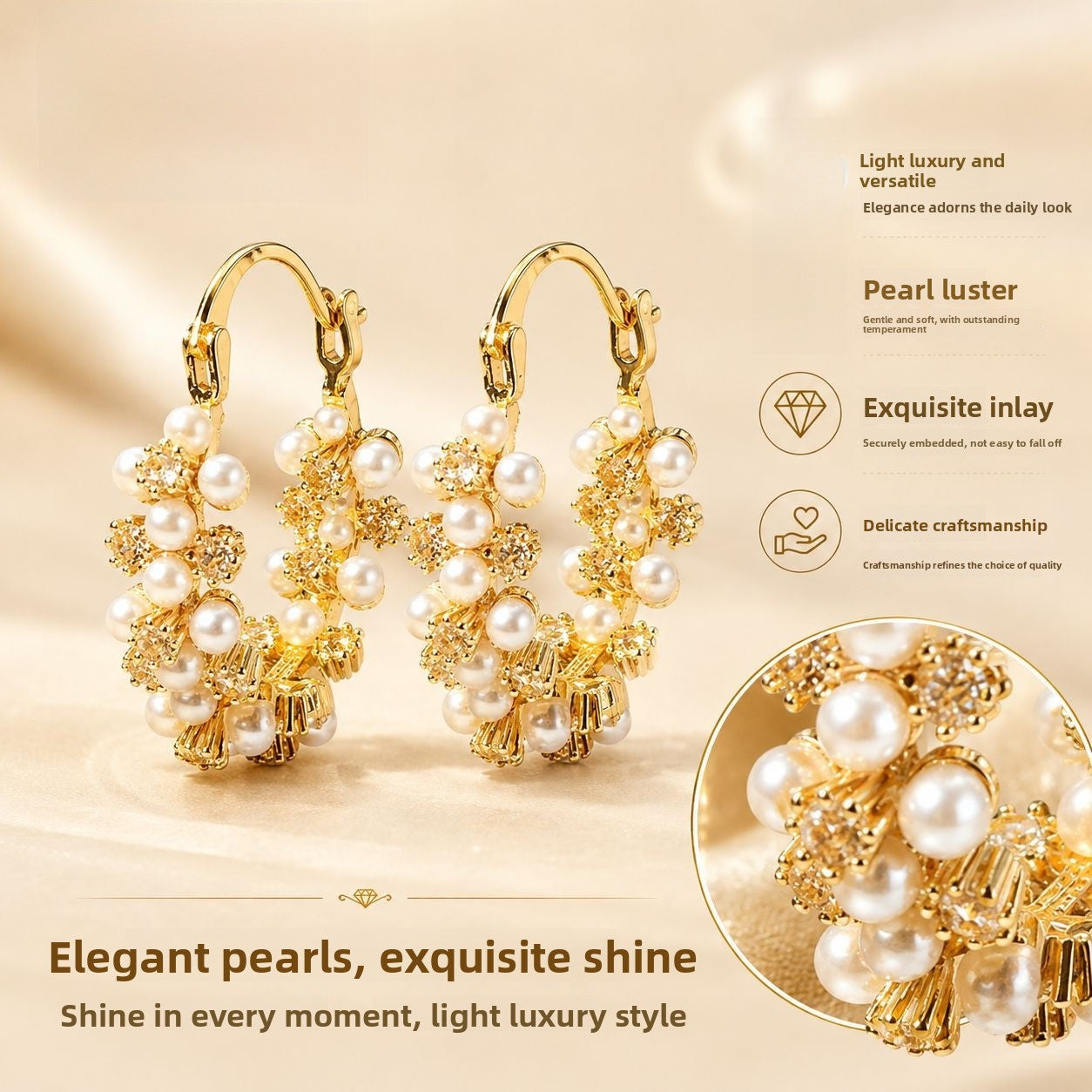 Round Hoop Earrings For Women Featuring Electroplated Craftsmanship With Retro Style And Imitation Pearl Inlay