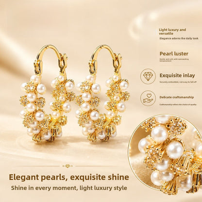 Round Hoop Earrings For Women Featuring Electroplated Craftsmanship With Retro Style And Imitation Pearl Inlay