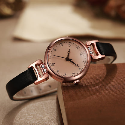 Women’s Quartz Watch With Round Dial, Imitation Leather Strap, Pin Buckle, And Ordinary Glass Mirror