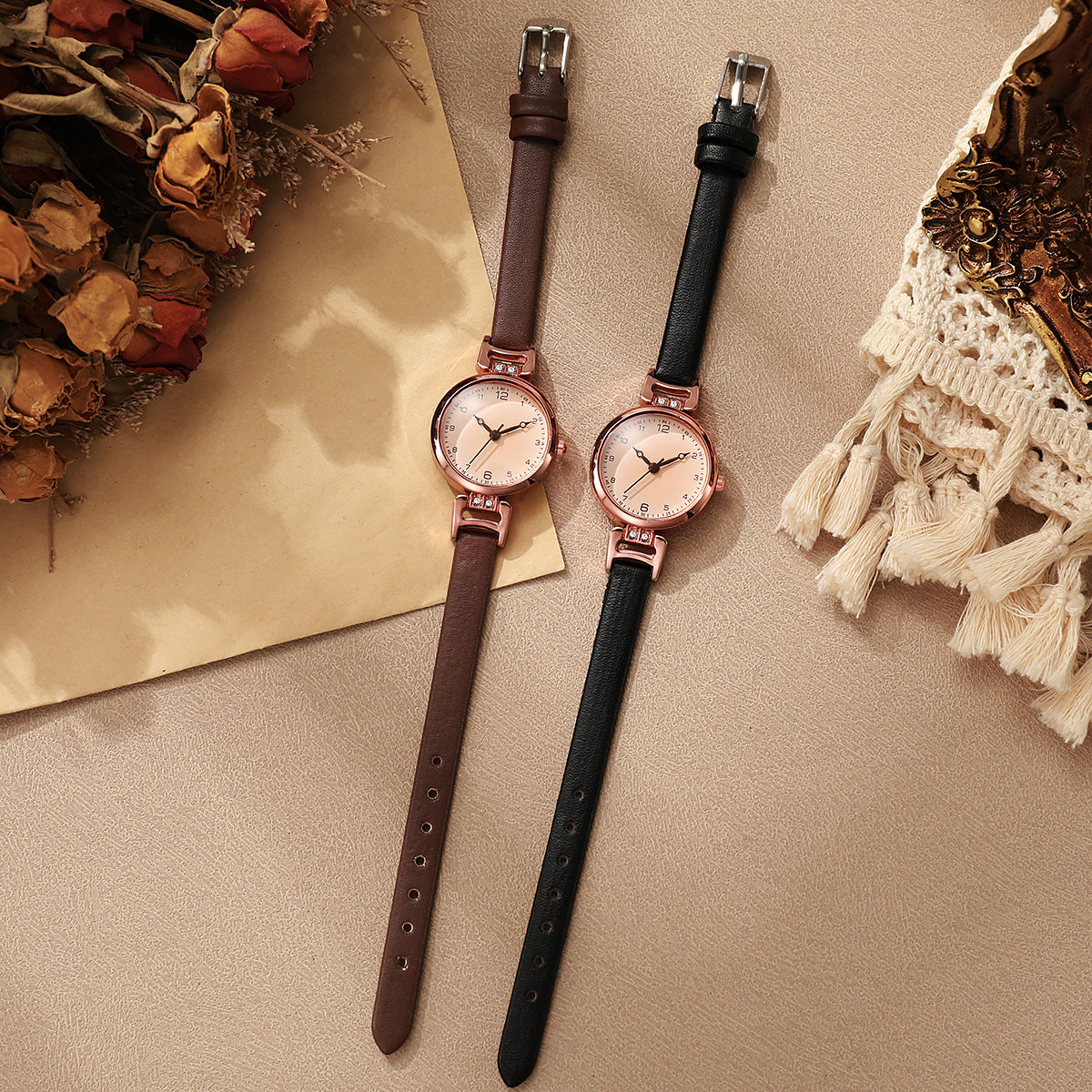 Women’s Quartz Watch With Round Dial, Imitation Leather Strap, Pin Buckle, And Ordinary Glass Mirror