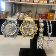 Platinum + Silver White Set (Watch + Sugar Cube Bracelet + Titanium Steel Cross + Five-Country Instructions + Black Gift Box with Eel Pattern)