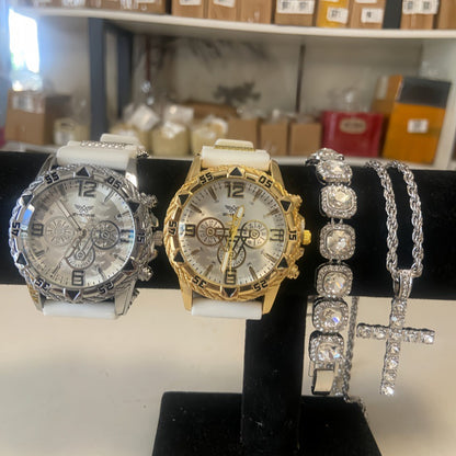 Men's Quartz Watch Jewelry Set With Round Dial, Tempered Glass Mirror, Silica Gel Strap, And Double Side Snap Buckle
