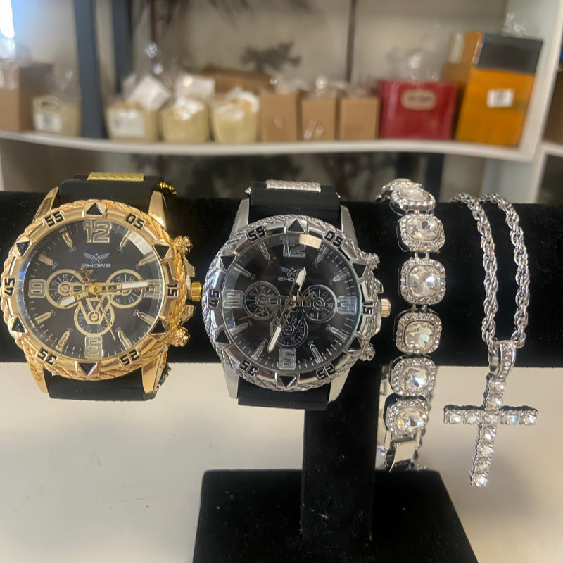Men's Quartz Watch Jewelry Set With Round Dial, Tempered Glass Mirror, Silica Gel Strap, And Double Side Snap Buckle