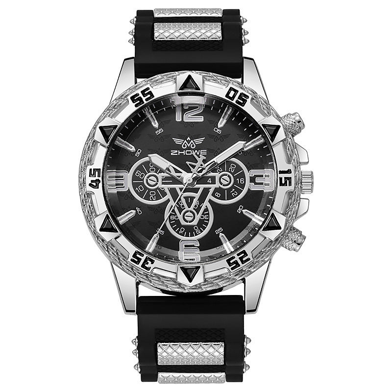 Men's Quartz Watch Jewelry Set With Round Dial, Tempered Glass Mirror, Silica Gel Strap, And Double Side Snap Buckle