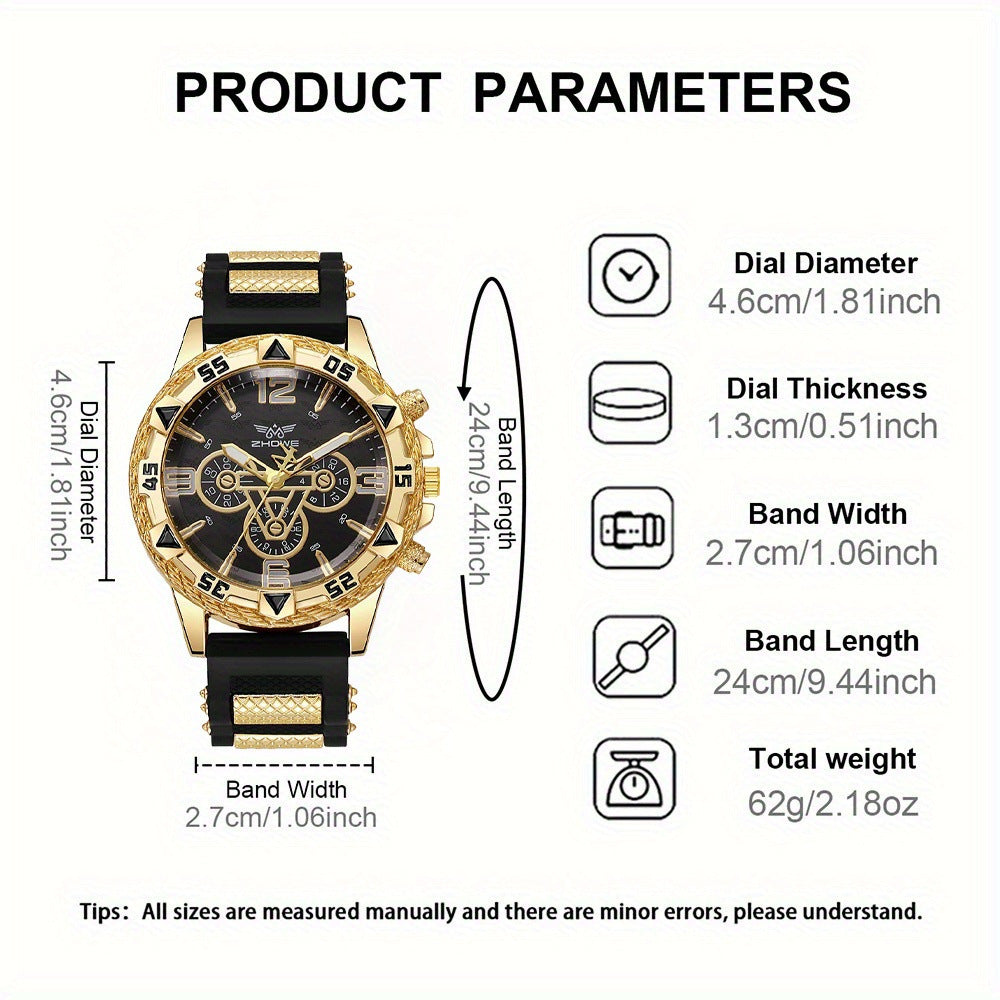 Men's Quartz Watch Jewelry Set With Round Dial, Tempered Glass Mirror, Silica Gel Strap, And Double Side Snap Buckle