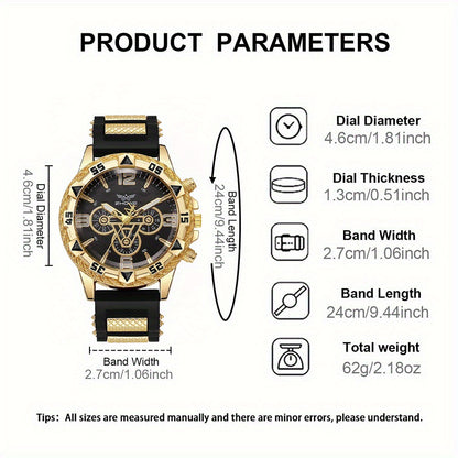 Men's Quartz Watch Jewelry Set With Round Dial, Tempered Glass Mirror, Silica Gel Strap, And Double Side Snap Buckle