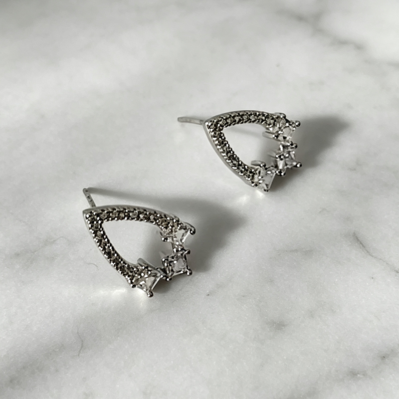 Handmade Geometric Stud Earrings For Women In Brass With Platinum Plated Finish And Zircon Inlay