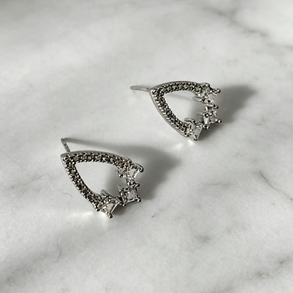 Handmade Geometric Stud Earrings For Women In Brass With Platinum Plated Finish And Zircon Inlay