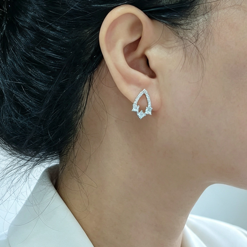 Handmade Geometric Stud Earrings For Women In Brass With Platinum Plated Finish And Zircon Inlay