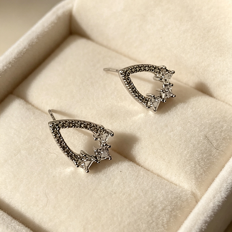Handmade Geometric Stud Earrings For Women In Brass With Platinum Plated Finish And Zircon Inlay