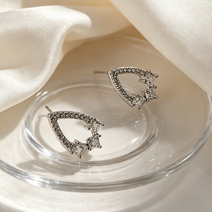 Handmade Geometric Stud Earrings For Women In Brass With Platinum Plated Finish And Zircon Inlay