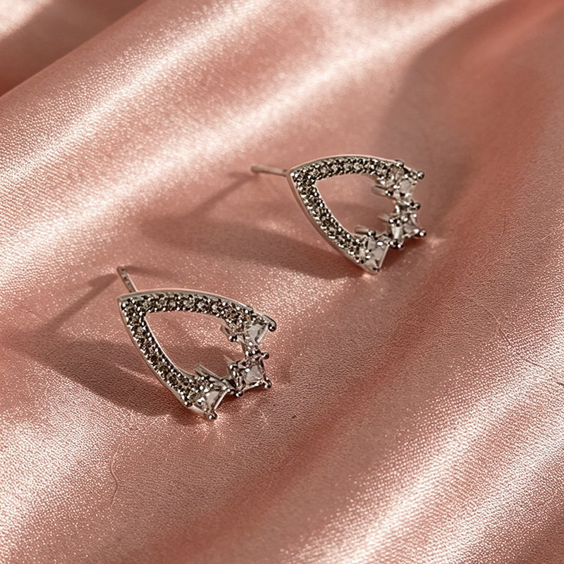 Handmade Geometric Stud Earrings For Women In Brass With Platinum Plated Finish And Zircon Inlay