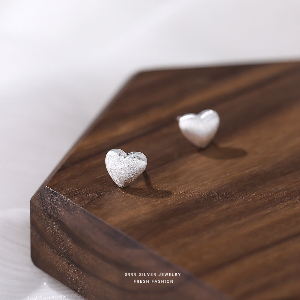 Heart Shape Stud Earrings For Women In Simple Style, Crafted With Brushed S999 Silver In Silver Color