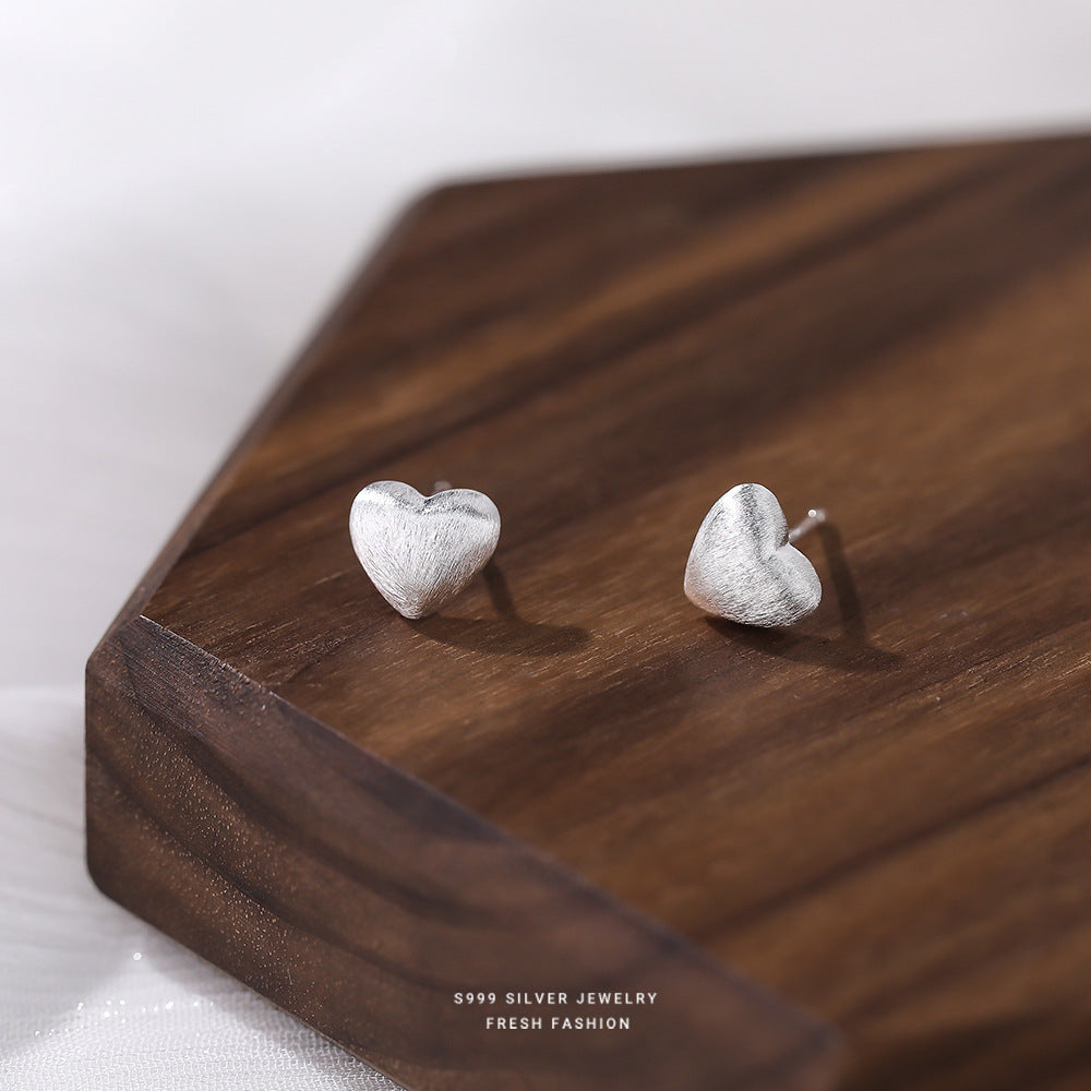 Heart Shape Stud Earrings For Women In Simple Style, Crafted With Brushed S999 Silver In Silver Color