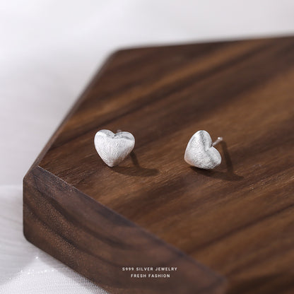 Heart Shape Stud Earrings For Women In Simple Style, Crafted With Brushed S999 Silver In Silver Color