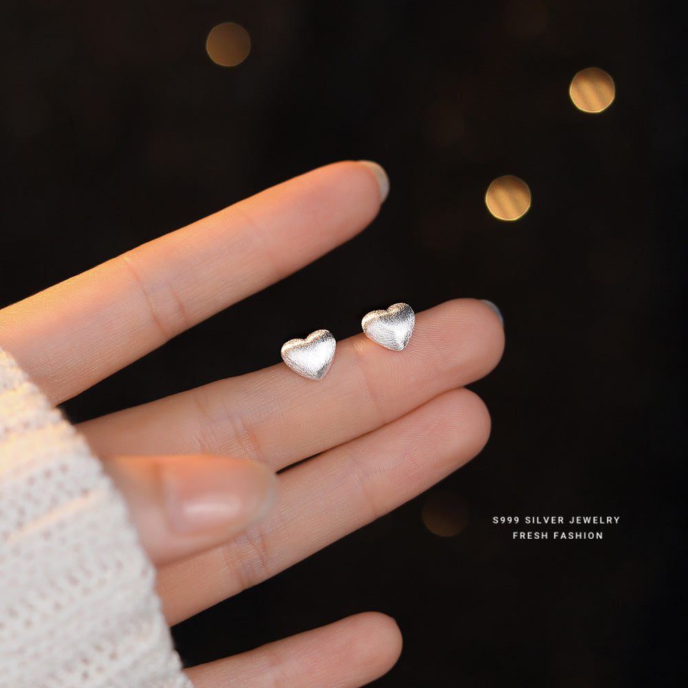 Heart Shape Stud Earrings For Women In Simple Style, Crafted With Brushed S999 Silver In Silver Color