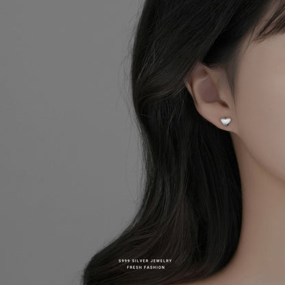 Heart Shape Stud Earrings For Women In Simple Style, Crafted With Brushed S999 Silver In Silver Color