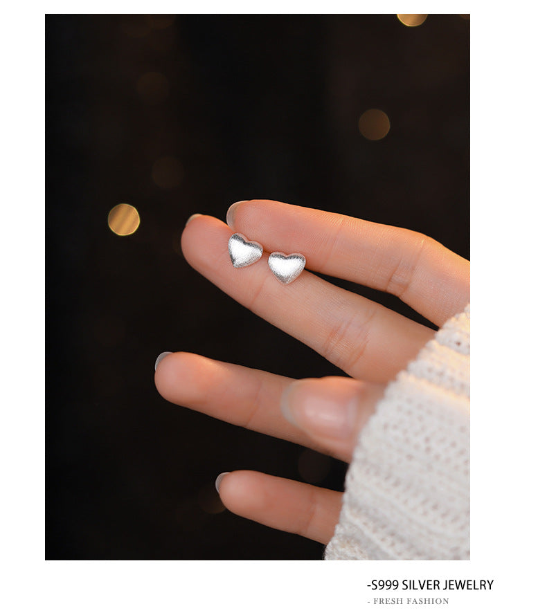 Heart Shape Stud Earrings For Women In Simple Style, Crafted With Brushed S999 Silver In Silver Color