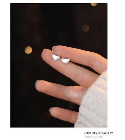 Heart Shape Stud Earrings For Women In Simple Style, Crafted With Brushed S999 Silver In Silver Color