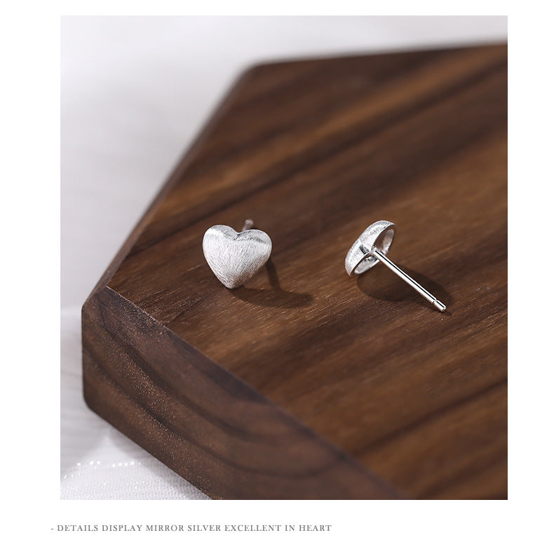 Heart Shape Stud Earrings For Women In Simple Style, Crafted With Brushed S999 Silver In Silver Color