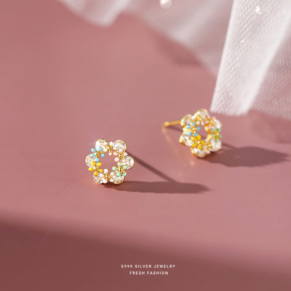 Sweet Style Garlands For Women Stud Earrings Made Of S999 Silver Featuring Epoxy Colour
