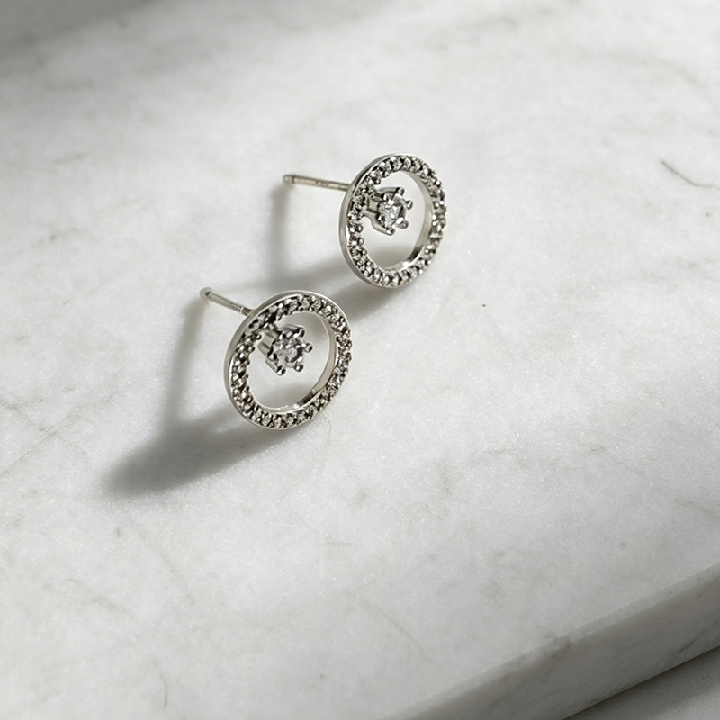 Handmade Geometric Stud Earrings For Women In Brass With Platinum Plated Finish And Zircon Inlay
