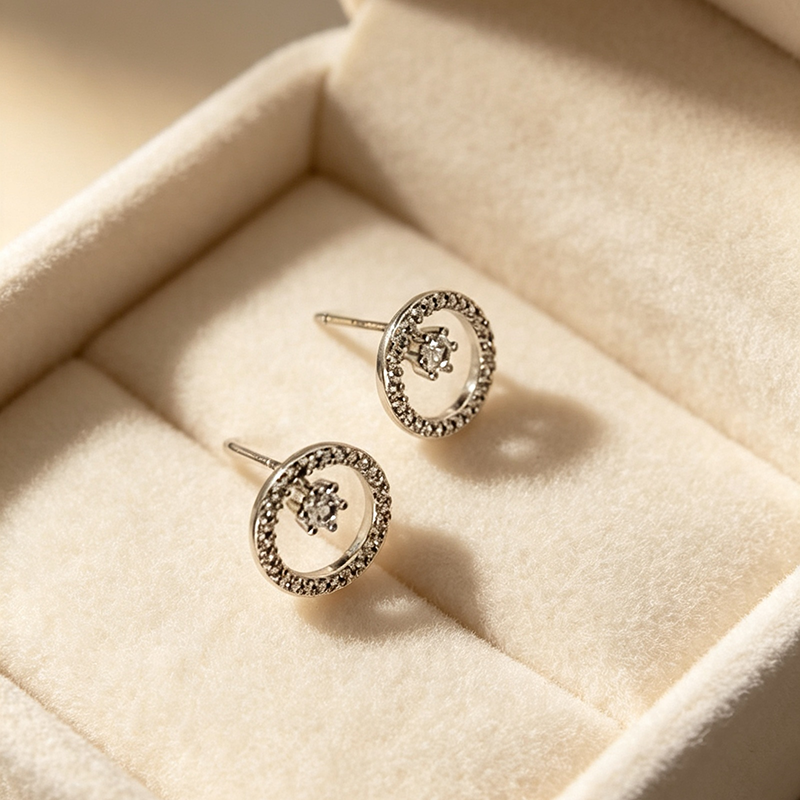 Handmade Geometric Stud Earrings For Women In Brass With Platinum Plated Finish And Zircon Inlay
