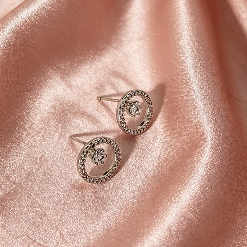 Handmade Geometric Stud Earrings For Women In Brass With Platinum Plated Finish And Zircon Inlay
