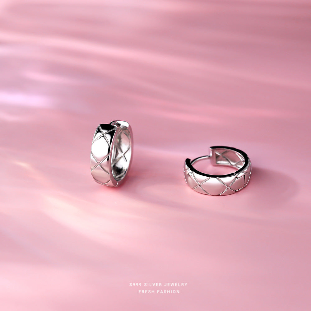 Lingge For Women Simple Style Earrings Made Of S999 Silver In Silver Color, Featuring Elegant Stud Design