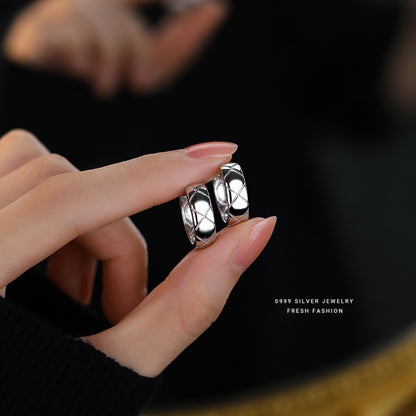 Lingge For Women Simple Style Earrings Made Of S999 Silver In Silver Color, Featuring Elegant Stud Design