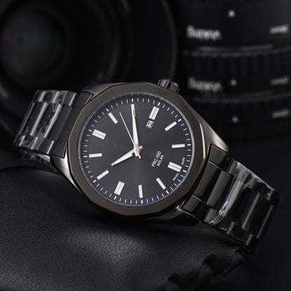 Men's Quartz Watch With Round Dial, Steel Belt Strap, Pin Buckle, And Tempered Glass Mirror