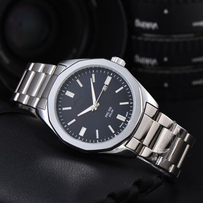 Men's Quartz Watch With Round Dial, Steel Belt Strap, Pin Buckle, And Tempered Glass Mirror